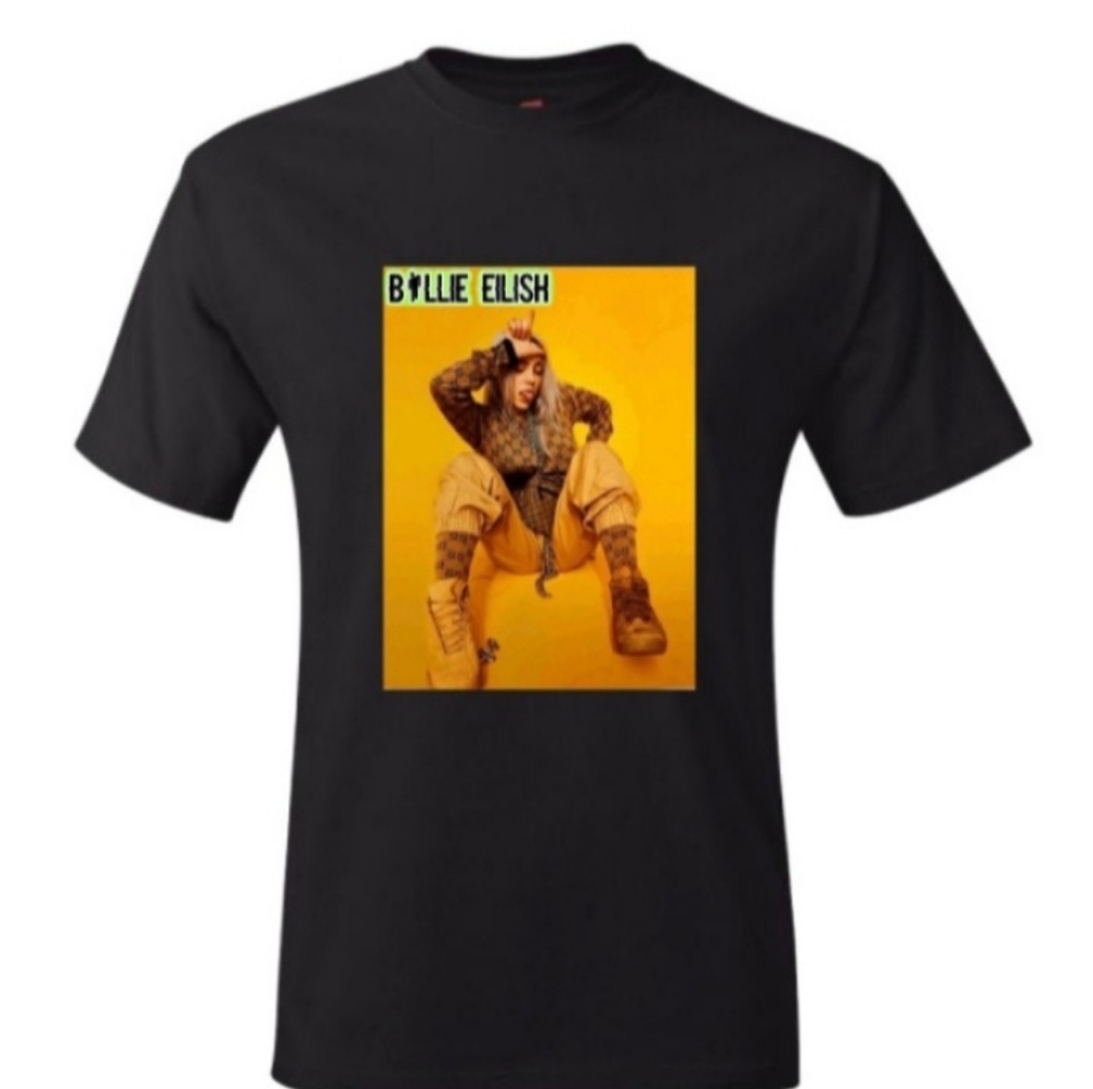 Billie Eilish Black And Gold Shirt With Matching Face Mask Brand New
